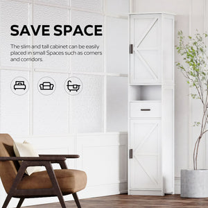 English Elm 69" Tall Bathroom Storage Cabinet with Barn Doors and Drawer, Slim 7-Shelf Floor Unit for Small Spaces White W3457P336681