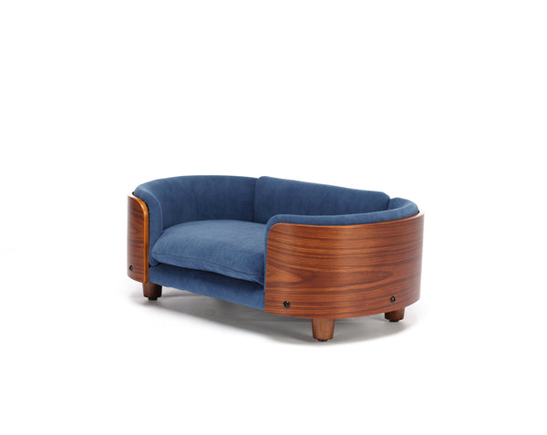 English Elm Scandinavian Elevated Pet Sofa Bed with Walnut Bent Wood Back, Velvet Stain-Resistant Fabric, Cozy Rest Dark Blue W794125923