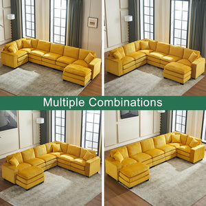 English Elm Modern U Shaped 6-Seat Sectional Sofa with Ottoman and 3 Toss Pillows, Corduroy Modular Comfort and Durable Frame Yellow W2363S00040