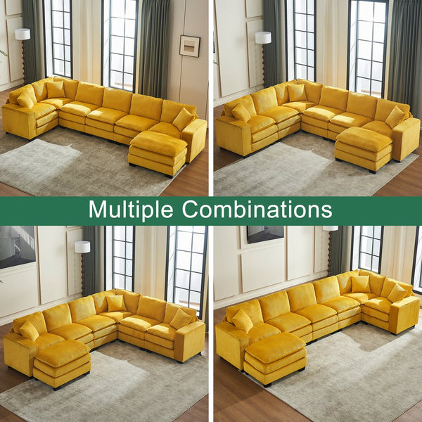 English Elm Modern U Shaped 6-Seat Sectional Sofa with Ottoman and 3 Toss Pillows, Corduroy Modular Comfort and Durable Frame Yellow W2363S00040