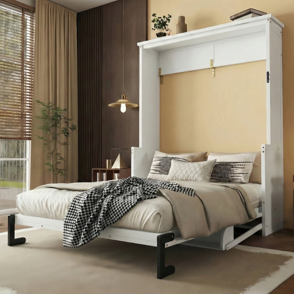 English Elm Queen Murphy Wall Bed with Integrated Desk Gas Strut Lift White Cabinet for Small Spaces W504S00282
