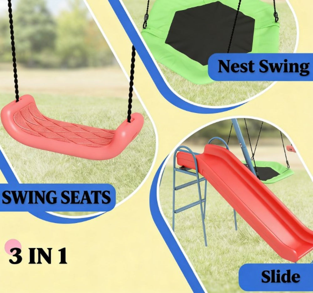 English Elm 3 Activity Kids Metal Swing Set with Nest Spinner Dual Seats and Slide for Backyard T3971P439115