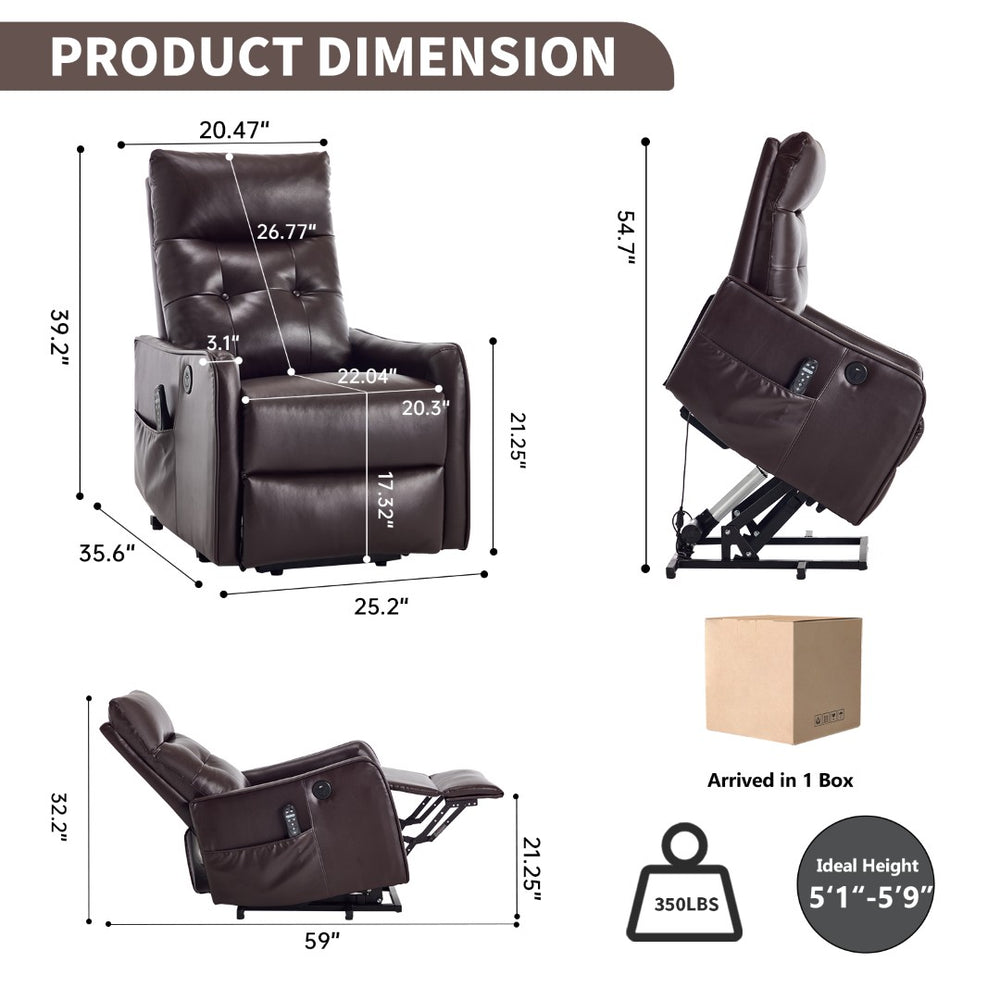 English Elm Brown Pu Leather Power Lift Recliner with Massage Heat and Usb for Senior Comfort W1803P364103