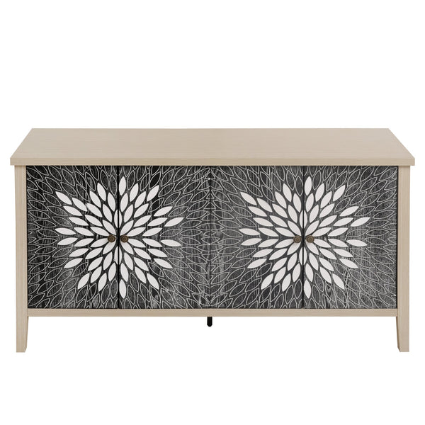 English Elm Sideboard Elegant Floral Handle Buffet Cabinet with 4 Doors, Adjustable Shelves & Reinforced Feet for Dining Room Storage Black,Natural W688P232758