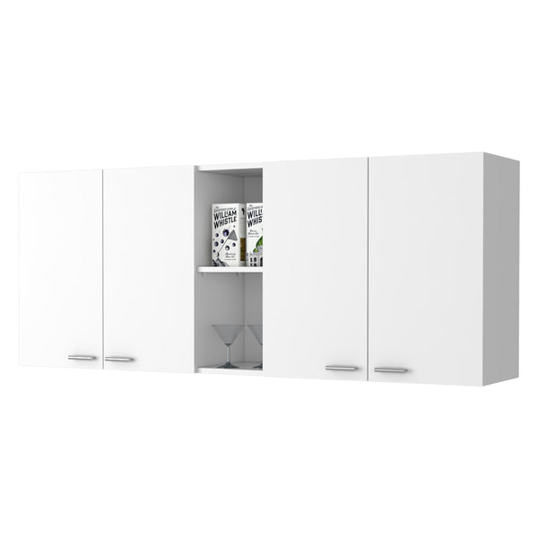 English Elm Winslow 150" Wall Cabinet with Four Doors, Built‑in Dish Rack, Open Middle Shelf, White Finish B128P148845