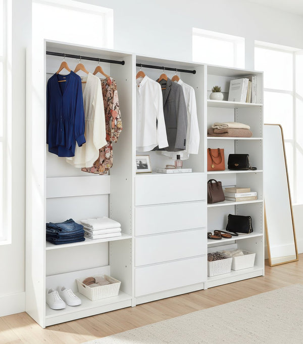 English Elm Prosper Freestanding White Walk-In Wood Closet System with Oak Finish, Ample Modular Storage & Easy Assembly B040S00142