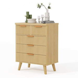English Elm 5 Drawer Fluted Chest Natural Wood Finish Bohemian Storage for Nursery or Bedroom T3773P415633