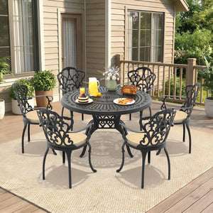 English Elm 7-piece Cast Aluminum Outdoor Dining Set Ornate Floral Carved Patio Furniture W1710S00623
