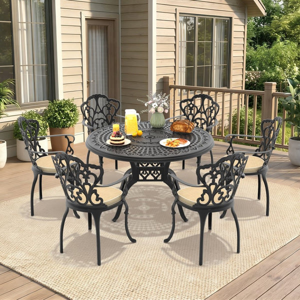 English Elm 7-piece Cast Aluminum Outdoor Dining Set Ornate Floral Carved Patio Furniture W1710S00623