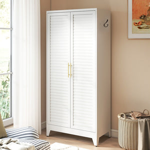 English Elm White Steel Freestanding Wardrobe Cabinet with Rod and Shelves for Dorm or Apartment T2398P480394