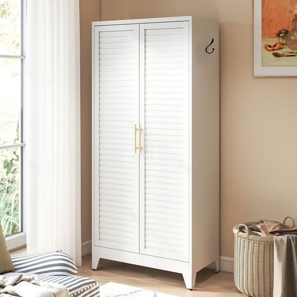 English Elm White Steel Freestanding Wardrobe Cabinet with Rod and Shelves for Dorm or Apartment T2398P480394