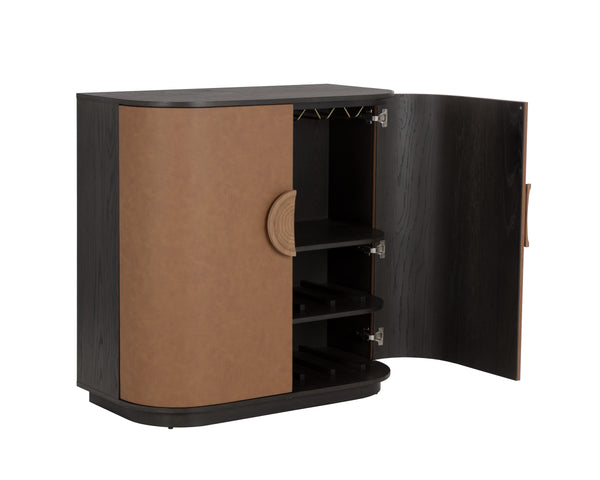 Sunpan Dresden Bar Cabinet - Mid-Century Elegance with Smoke Grey Oak, Faux Leather Doors & Wine Storage