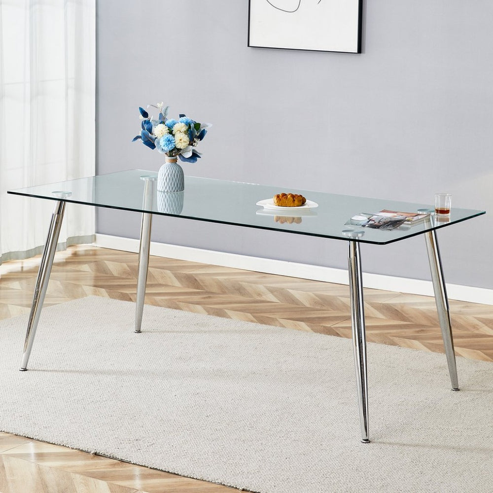 English Elm Modern Tempered Glass Dining Table Seats Six with Sleek Silver Legs for Open Spaces W1151S03176