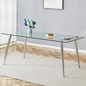 English Elm Modern Tempered Glass Dining Table Seats Six with Sleek Silver Legs for Open Spaces W1151S03176