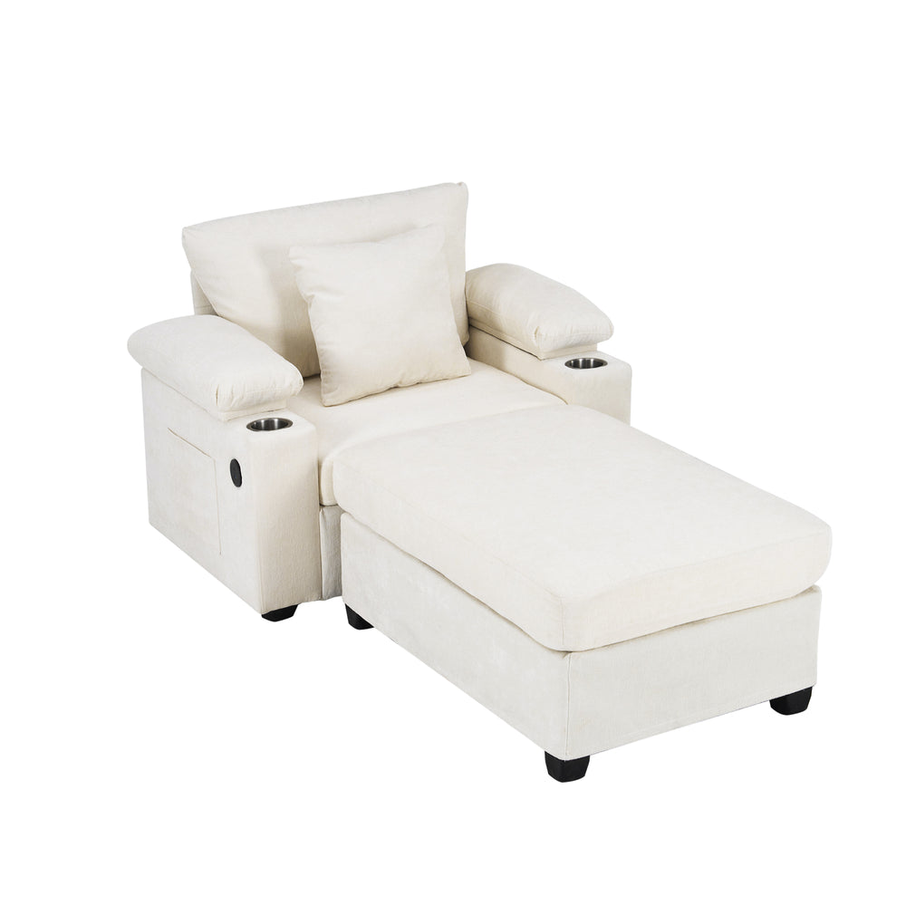 English Elm Ergonomic Oversized Chenille Chair with Ottoman, Firm Lumbar Support, Cup Holders, USB Charging, Convertible Sofa Bed for Back Pain Relief Beige W2606P288193