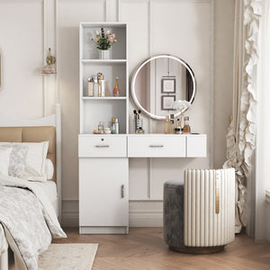 English Elm White modern vanity desk with multi-layer storage, 2 drawers & cabinet, hairdryer ports, space-saving W33163006