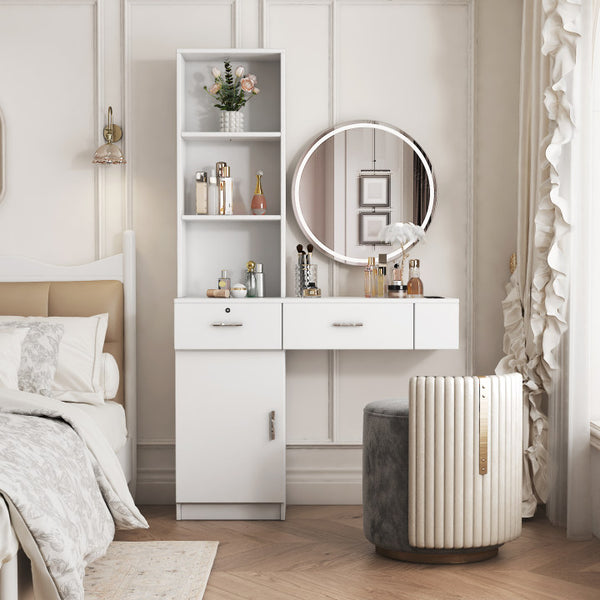 English Elm White Modern Hair Desk with Multi-Layer Storage, Spacious Drawers & Dryer Holes for Salon Use W33163006