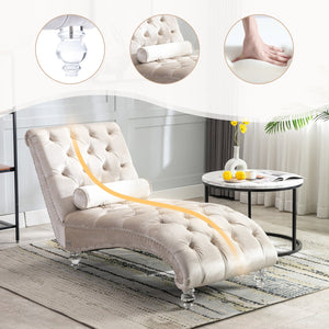 English Elm Velvet Curved Chaise Lounge Sofa with Button-Tufted Back, Thick Foam Cushion & Acrylic Legs for Living Room Comfort Beige W39538682