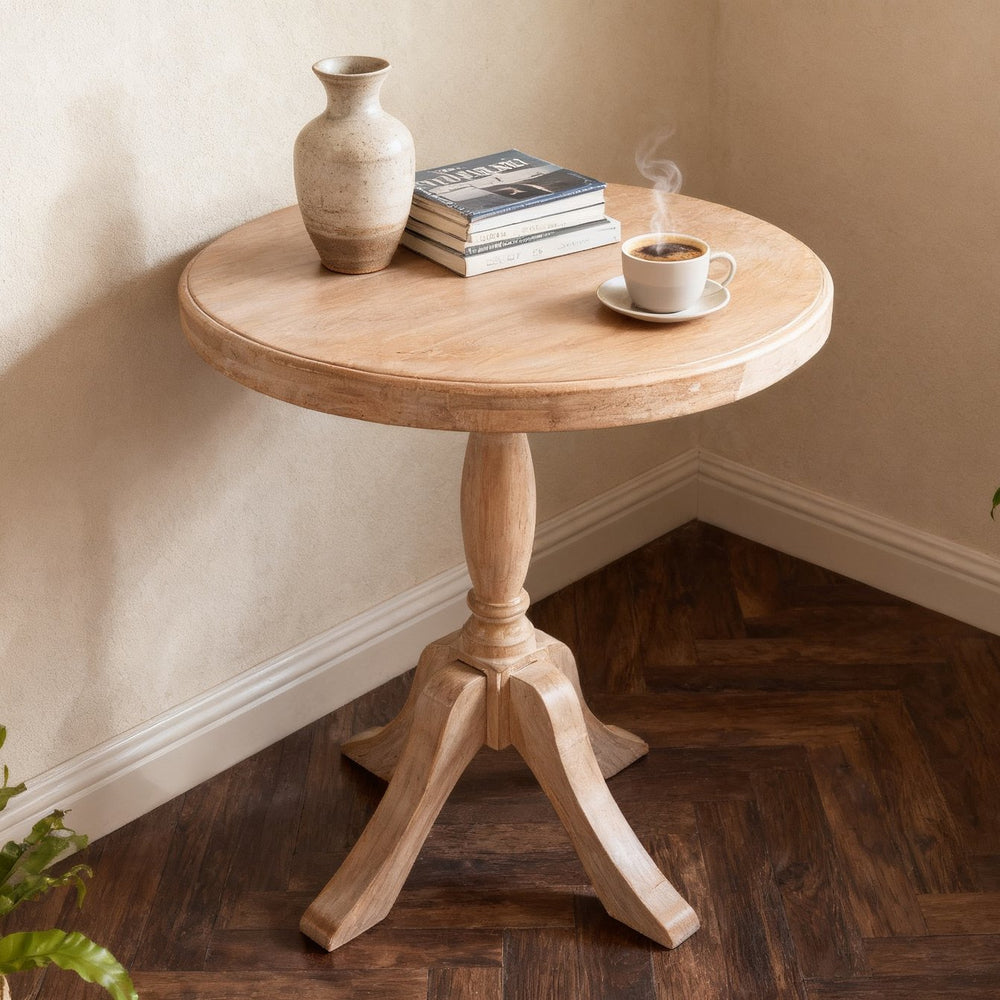 English Elm 23.6'' Round Wooden End Table with Adjustable 24.4/28.4'' Stands, Solid Wood Rustic Beige Accent Table W3426P385596