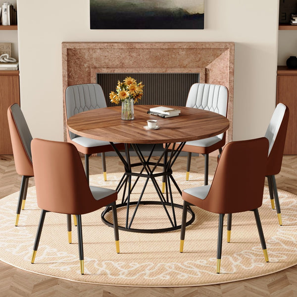 English Elm Table and Chair Set Round Walnut Mdf Dining with Six Two-tone Pu Seats Gold Legs Brown,Light Gray,Walnut+Black W1151S04842