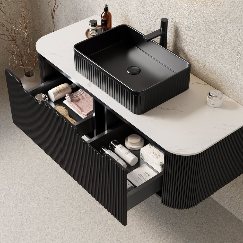 English Elm Dina Floating Bathroom Vanity with Crystal Glass Basin and Sintered Stone Top Black,Carrara White W2615S00185