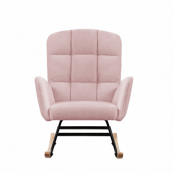 English Elm Cream Plush Teddy Fabric Rocking Armchair with High Back Support for Nursery Pink W3985P404155