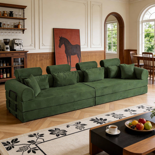 English Elm L Shaped Corduroy Sectional Sofa Converts to Sleeper Bed Space Saving Modular Couch Green W5532S00005