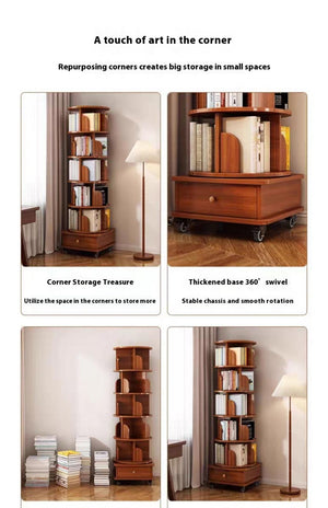 English Elm (UPGRADED) Rotating Bookshelf 360° Corner Organizer – 6-Tier Space-Saving Wood Rack with Wheels W2641P326058