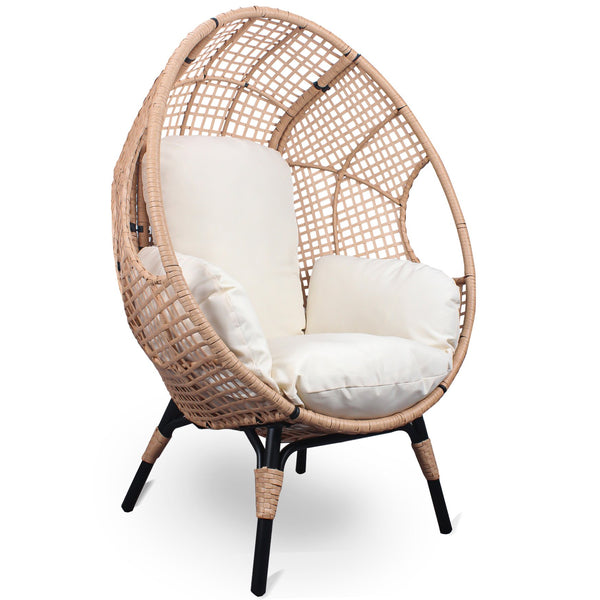 English Elm New PE Wicker Egg Chair Grid Style with Ergonomic High-Front Seat, Water-Resistant Rattan, Beige Cushion W400P241055