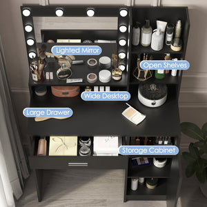 English Elm Vanity LED Mirror Dressing Table with 12 Bulbs, Adjustable 3-Mode Brightness and Large Drawer Storage Black W3457P336677
