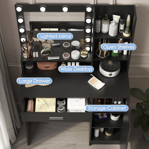 English Elm Vanity LED Mirror Dressing Table with 12 Bulbs, Adjustable 3-Mode Brightness and Large Drawer Storage Black W3457P336677