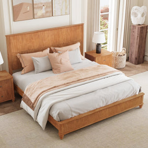 English Elm Solid Rubberwood Queen Platform Bed Tall Headboard Natural Grain No Box Spring W1716S00031