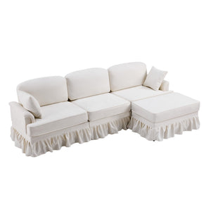English Elm 103.15'' Chenille L-shaped Sectional Sofa with Detachable Pleated Skirt and Ottoman White W3612S00044