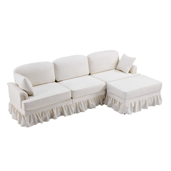English Elm 103.15'' Chenille L-shaped Sectional Sofa with Detachable Pleated Skirt and Ottoman White W3612S00044