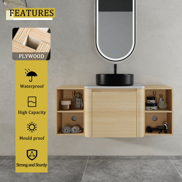 English Elm 48'' Wall-Mounted Bathroom Vanity With Elegant Ceramic Sink, Soft-Close Door & Ample Storage Shelves W999S00470