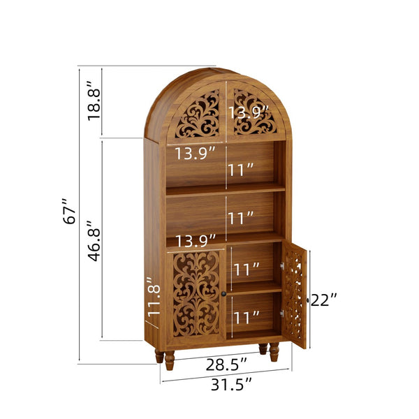 English Elm Vintage Hand-carved Solid Wood Bookcase Tall Arched Open Shelf Cabinet for Living Room W3123P485777