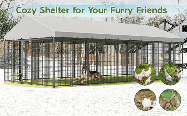English Elm Large Heavy Duty Metal Dog Run Pen with Roof Cover for Backyard Animal Enclosure W1820S00025