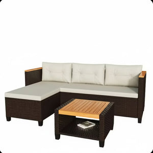 English Elm 3-piece Outdoor Pe Rattan L-shaped Sectional with Acacia Storage Table for Patio Beige+Brown B082P455128