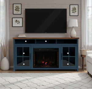 English Elm 74 Rustic Blue Denim & Whiskey Fireplace TV Stand for TVs to 85", Electric Insert, Storage, Farmhouse Charm B108P160234