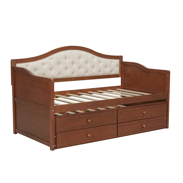 English Elm Twin Daybed with Trundle and 2 Storage Drawers, Upholstered Button-Tufted Sofa Bed for Guest Room Comfort and Organization Walnut 45.25 L x 19 W x 8 H N733S346767D