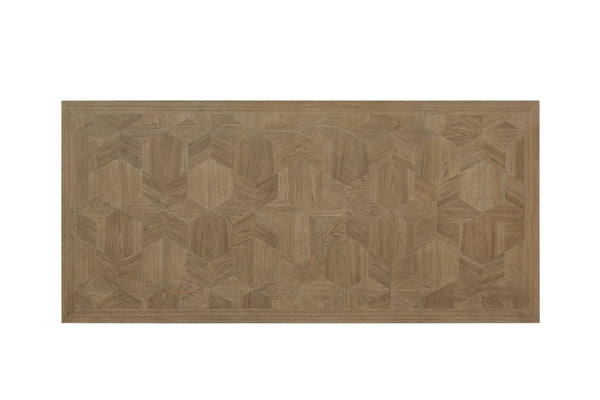 English Elm Trestle Solid Wood Dining Table with Hickory Geometric Veneer Top, Extends 84" to 114" with Leaves Beige 88 L x 48.75 W x 9.5 H B2699S00091