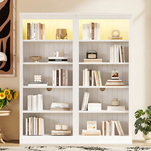 English Elm 83" 5-Tier Bookcase Suite with LED Light Strip, Adjustable Shelves, Cable Management & Solid Wood Frame White N751S246920K