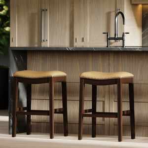 English Elm 31in. Hardwood Barstool Nailhead Faux Leather Seat Club Style Kitchen Island Seating Tan B2751P436413