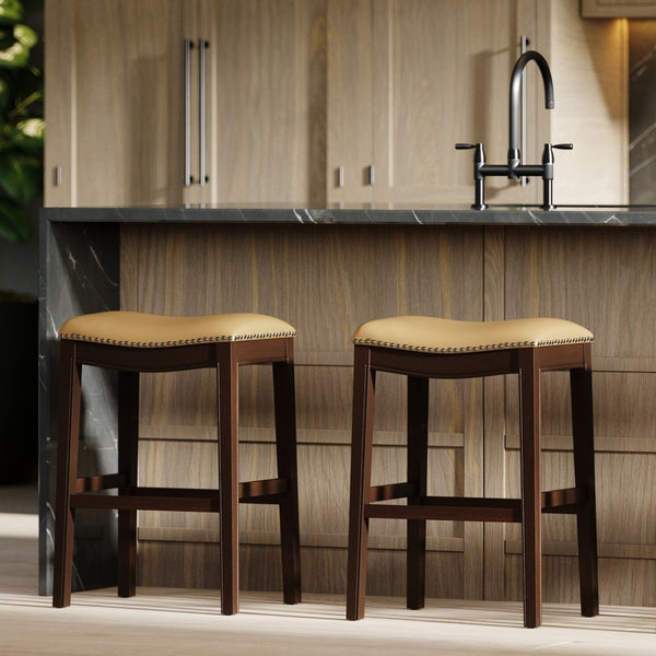 English Elm 31in. Hardwood Barstool Nailhead Faux Leather Seat Club Style Kitchen Island Seating Tan B2751P436413