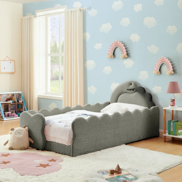 English Elm Twin Dinosaur Boucle Upholstered Kids Bed Solid Wood Frame with Padded Safety Rails Grey W1413P384918