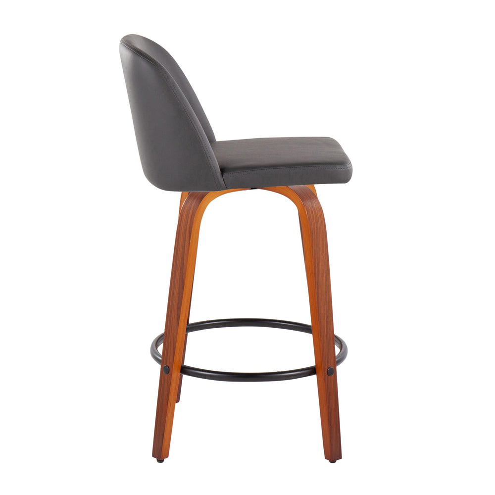 English Elm Toriano Mid-Century Counter Stool Set of 2 — Walnut Legs, Grey Faux Leather Swivel Seats, Footrest B202S00440