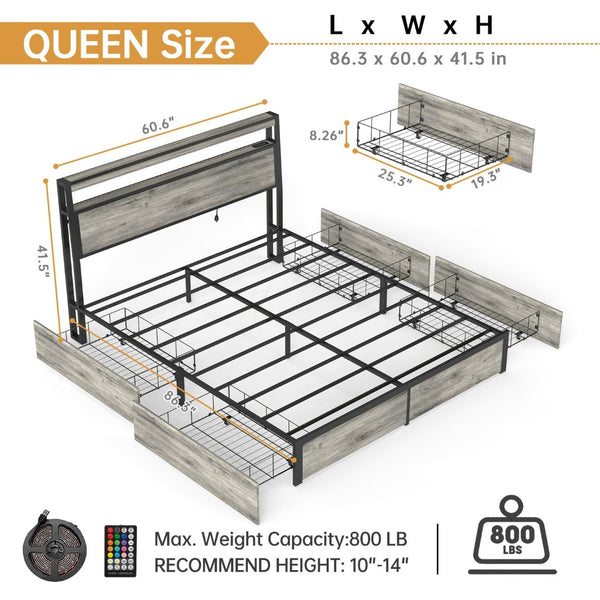 English Elm Queen Metal Platform Bed with Rgb Led Headboard Charging Station and Underbed Storage T3963P482868