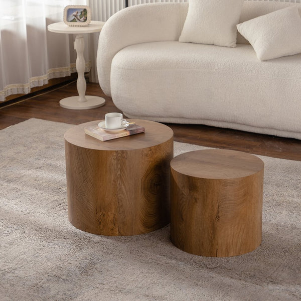 English Elm Nesting Round Coffee Table Set of 2 — Modern MDF Top Accent End Tables, Space-Saving & Durable 93 Brown,Wood W3081P255152