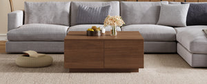 English Elm 33.25" Square Coffee Table with 4 Drawers — Minimalist Modern MDF Design, Space-Saving Durable Centerpiece Walnut N735P277298D