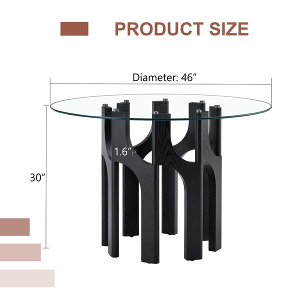 English Elm Round Tempered Glass Dining Table Sculptural Geometric Mdf Base Seats Four Compact Black W3875P387177